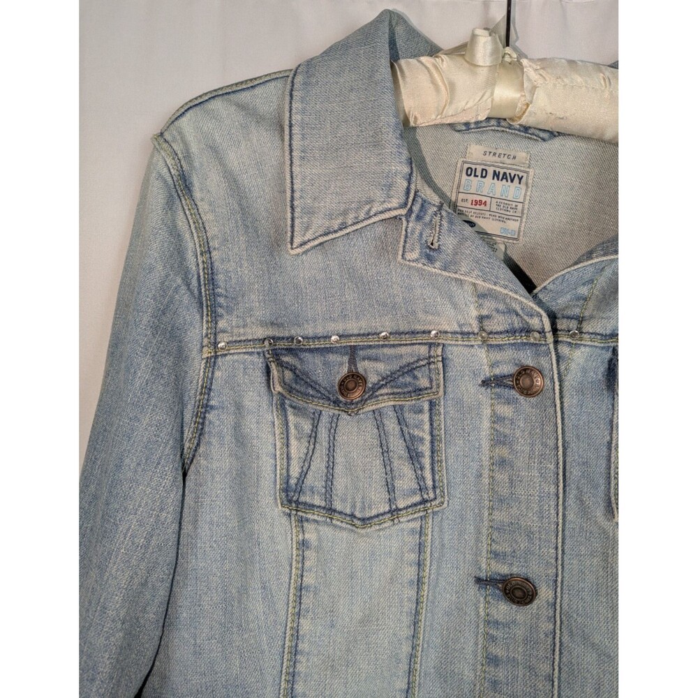 Old Navy Jean Jacket L Women's Blue Light Wash Upcycled Denim Fleur De Lis Cross - Picture 3 of 6